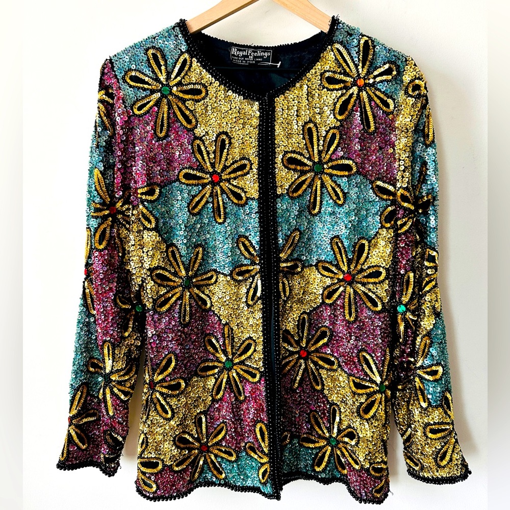 Vintage 1980's Evening Sequin Floral Design Jacket By Royal Feelings Size M - Picture 1 of 6